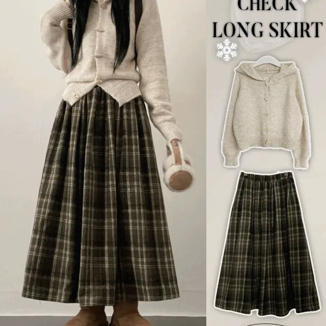 [울모🤎/도톰]데블체크핀턱밴딩플레어롱스커트(2color)