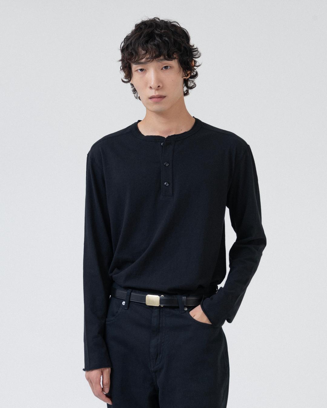 Henley Neck Long Sleeve, Black