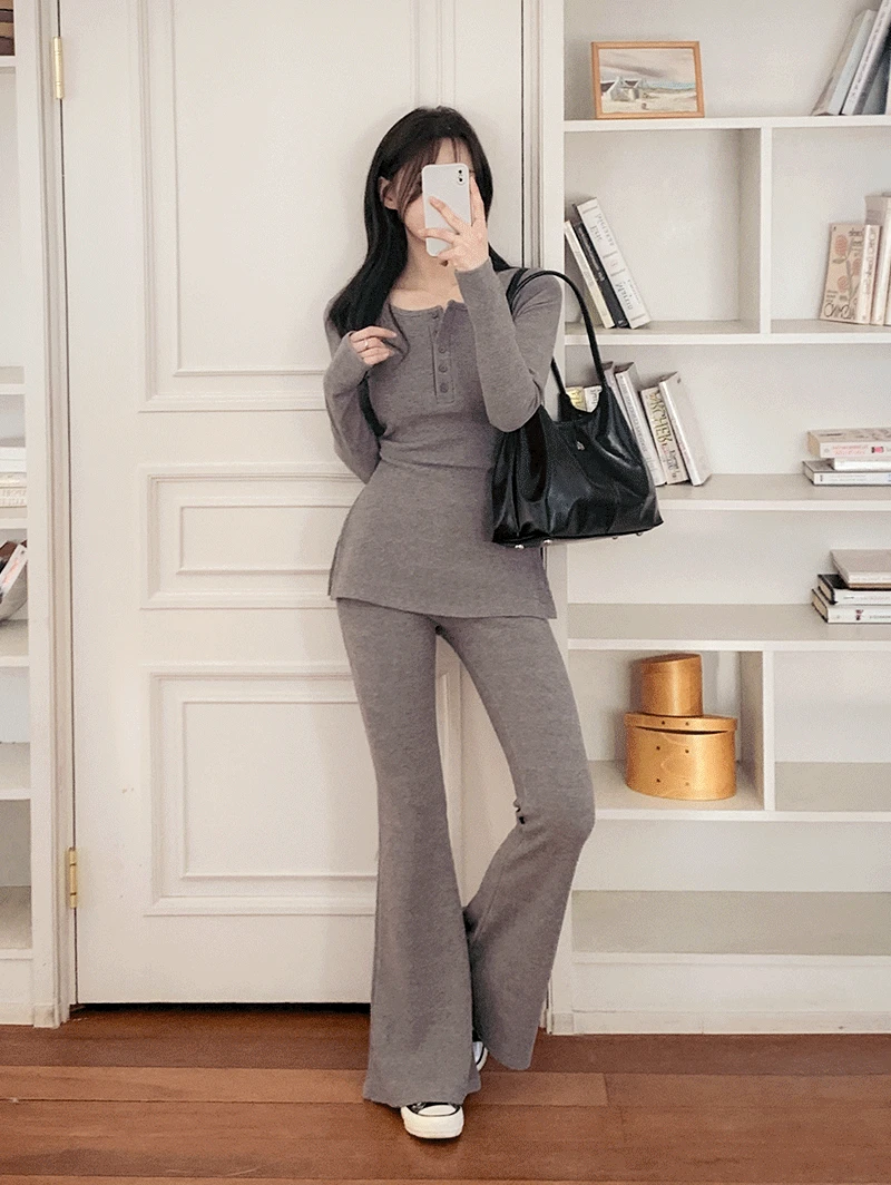 [set/기모안감] 운트 골지 헨리넥 티+부츠컷팬츠 세트