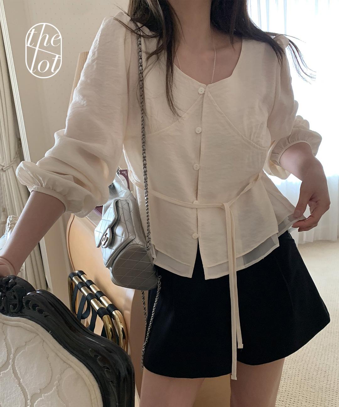 더롯 (아이 당일) [mellounge] 멜라운지 루미 셔링 끈 레이어드 블라우스 (3color) 라운드넥/유넥/노카라/퍼프/볼륨/스트링/하객룩/모임룩/데이트룩/출근룩/봄신상