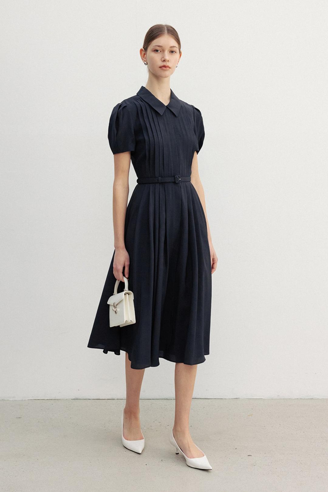 LILITH Stand collar pin tucked long dress (Navy)