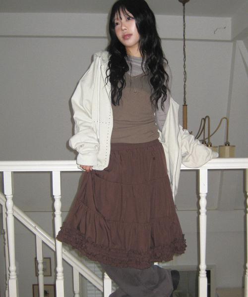 레이스 프릴 밴딩 미디스커트_3COLOR