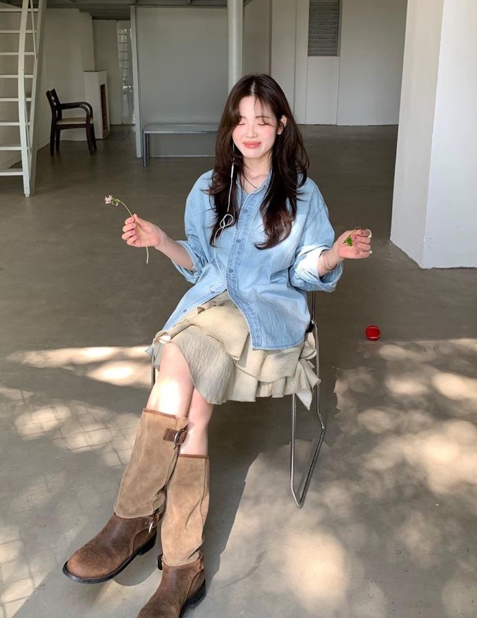 xxdeli 레트로 캐주얼 데님 셔츠 (라이트 블루)