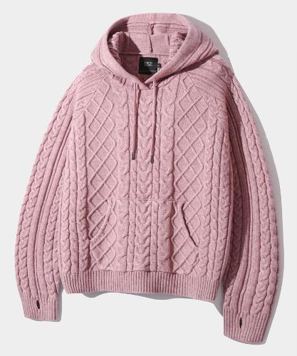HEAVY WEIGHT CABLE KNIT HOODED T-SHIRT_DUSTY PINK