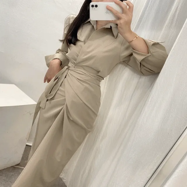 [BEST🤎/고퀄원단] 뮤트 카라 셔츠 랩 벨트 하객룩 정장 롱원피스 color