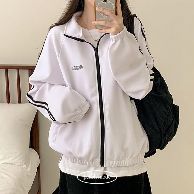 피치모드 [66~77/가을아우터] 앱솔 챔프 배색 트랙 오버핏 긴팔 집업 자켓 (3color)