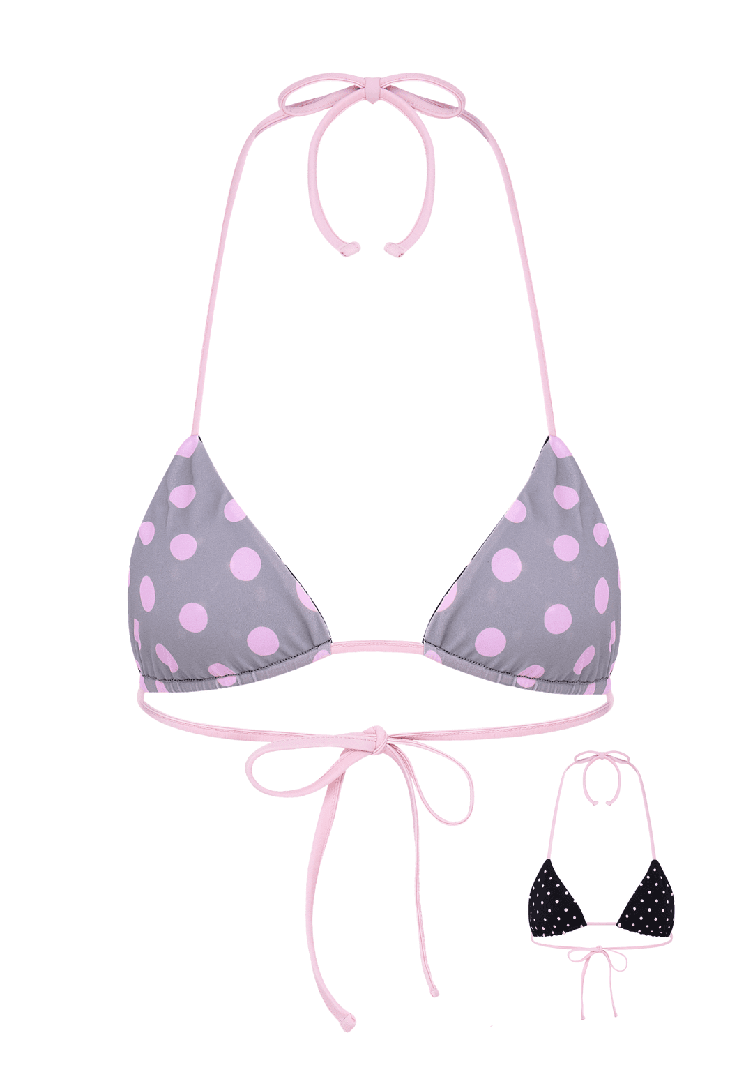 POLKA TRIANGLE BIKINI TOP IN REVERSE GREY, BLACK & PINK - Grey / XS