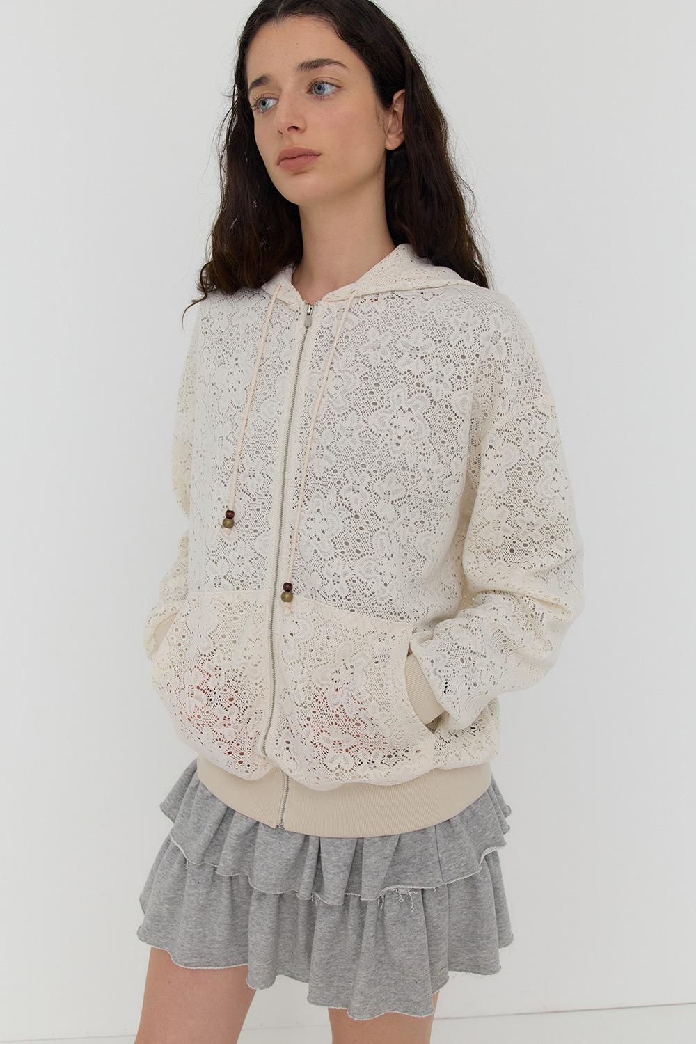 CATHY FLOWER LACE HOODIE ZIP-UP - CREAM
