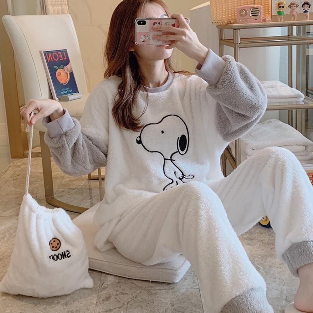 쿠키 스누피 극세사 수면 잠옷 투피스 여성 겨울 파자마 파티