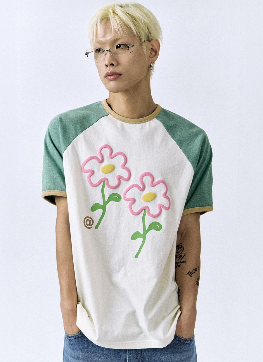 MIEI Puffed Flower Raglan Ringer Tee