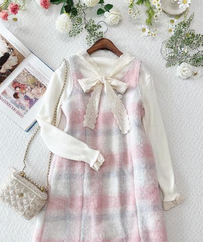 핑크랑 체크 모직 원피스