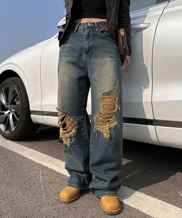(3size) J01 vintage denim pants / 빈티지 헤짐 디스트로이드 구제 y2k 워싱 유니크 와이드 데님 팬츠 바지 빈티지바지 찢청 디스트로이드진 데님팬츠