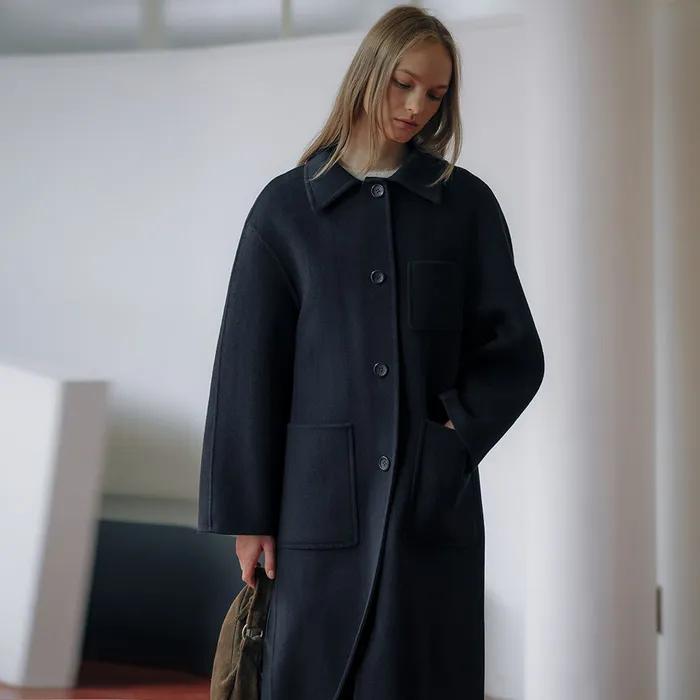 Cashmere balloon sleeve handmade coat_Dark navy