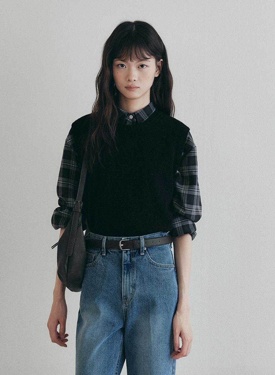 울 라운드 니트 베스트 - 블랙