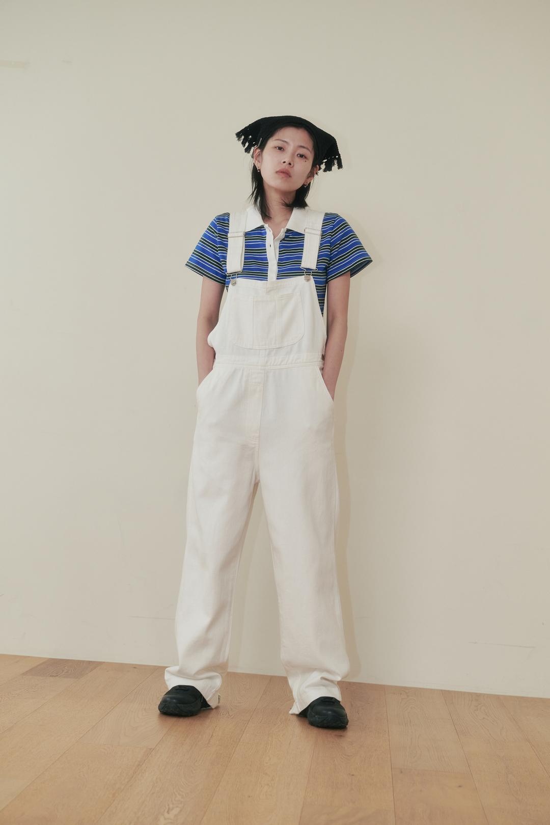 [PLZPROJECT] CURVED BUTTON OVERALL ,  WHITE