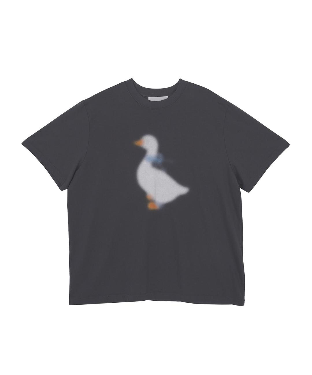 블러 파란리본 오리 오버핏 티셔츠_차콜