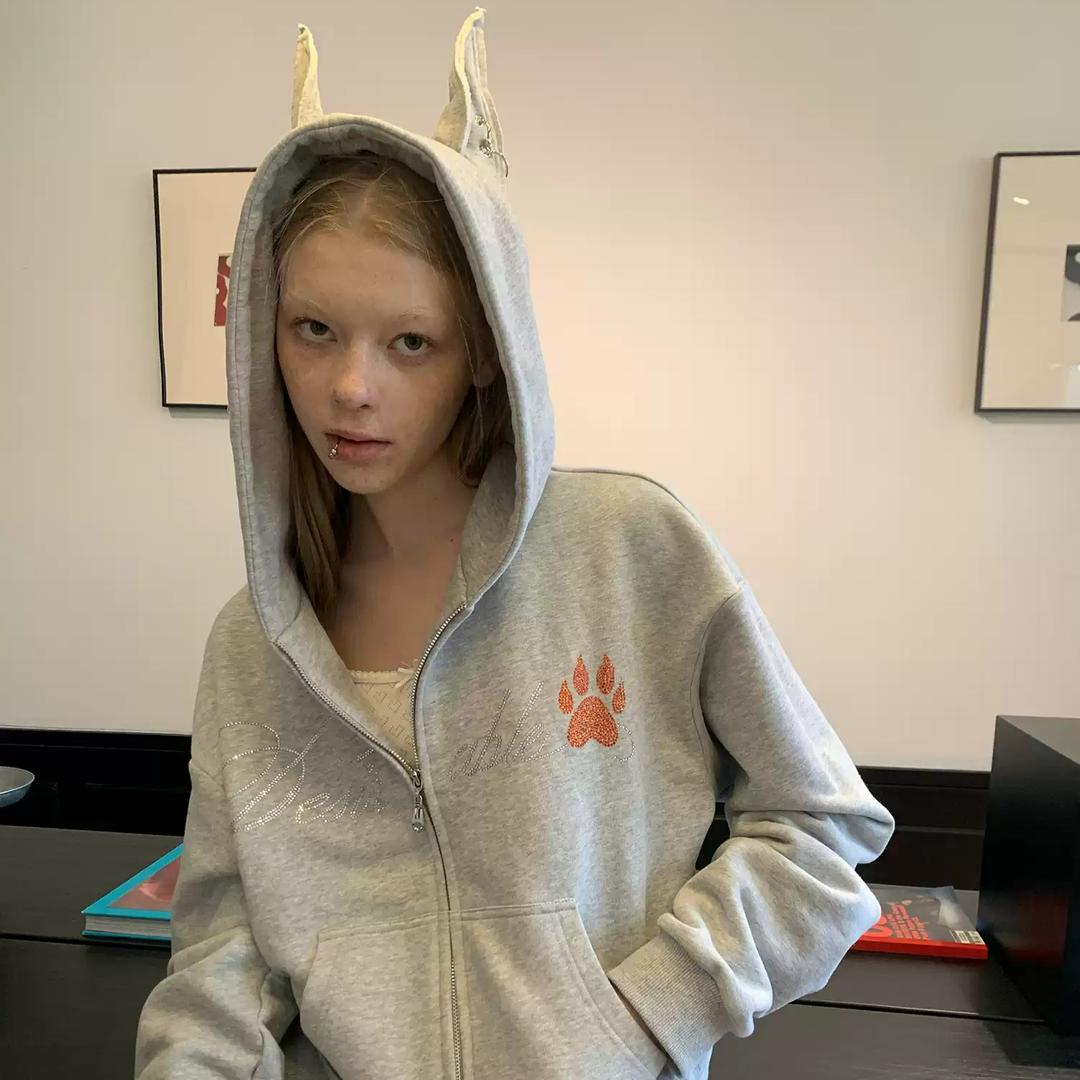 Les Fortes 강아지 귀 후드집업 핫픽스 스터드 그레이 스웨트셔츠 재킷