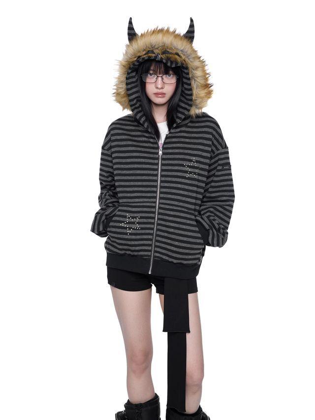 [EZEK] Devil Ear Striped Hooded Jacket