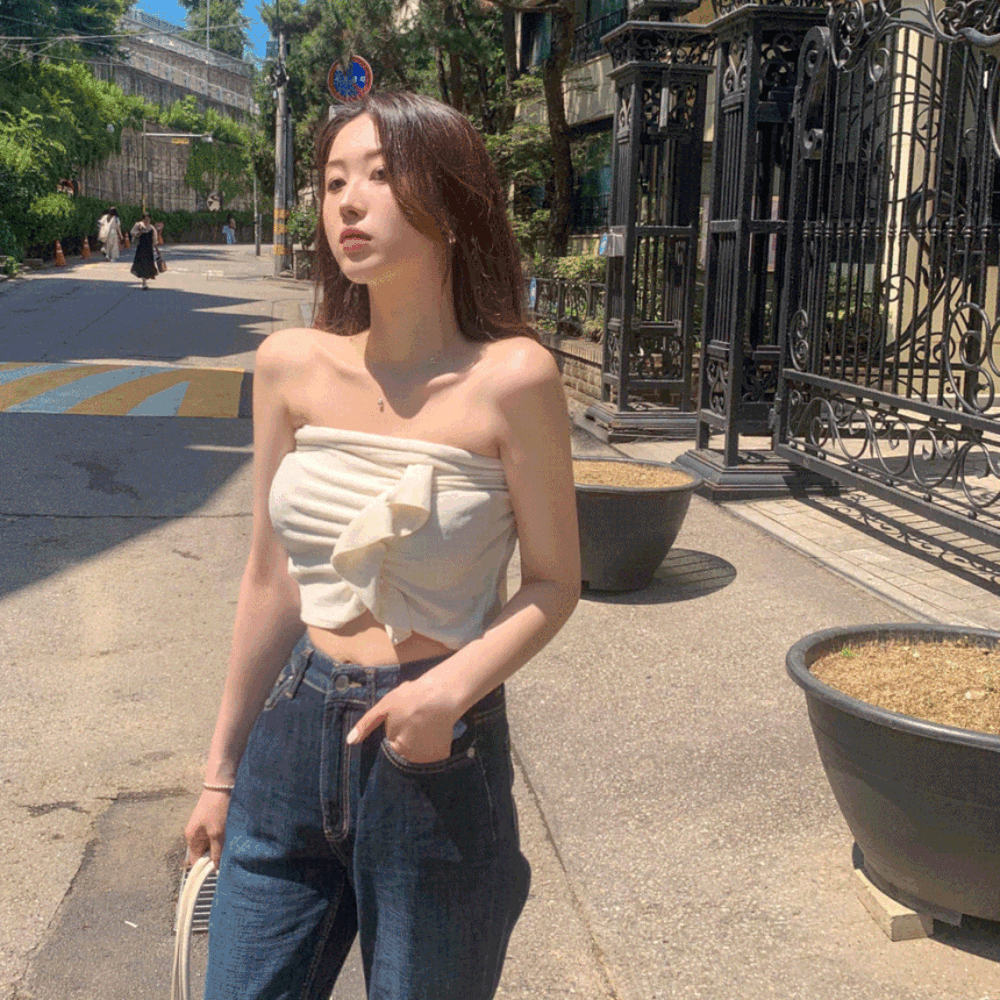 무배🚀 [바캉스☀️시선집중]  테리 타올 크롭 탱크탑 프릴 꼬임 골지 니트 슬리브리스 탑 민소매 블라우스 수건 바캉스룩 페스티벌 아이보리 베이지