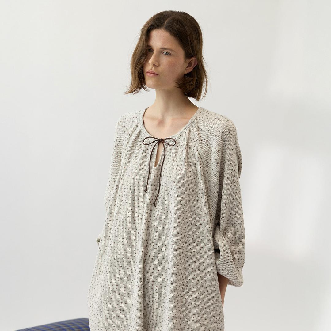 펄린 플라워 순면 와플 여성 홈웨어 원피스 잠옷 파자마 긴팔