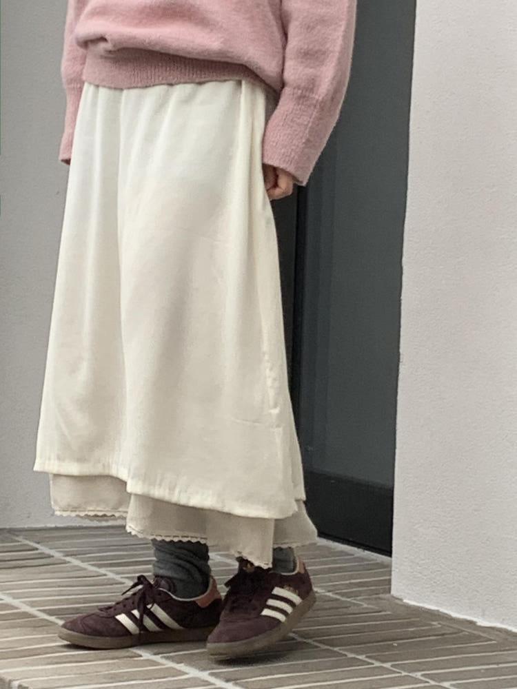 연말룩 레이스 레이어드 새틴 롱스커트 (2color)