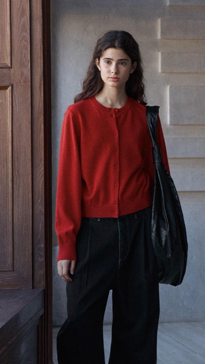 울 크루 넥 버클 가디건 콘트라스트 심플 베이직 니트 재킷