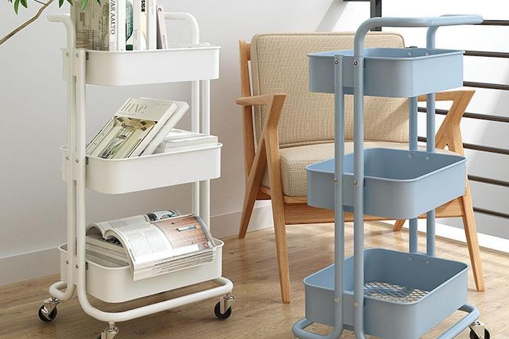 [해외] 이동식 철제 트롤리 3단 선반 트레이 틈새 수납장