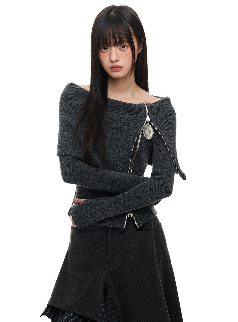 Double Zip Knit Off-Shoulder Top