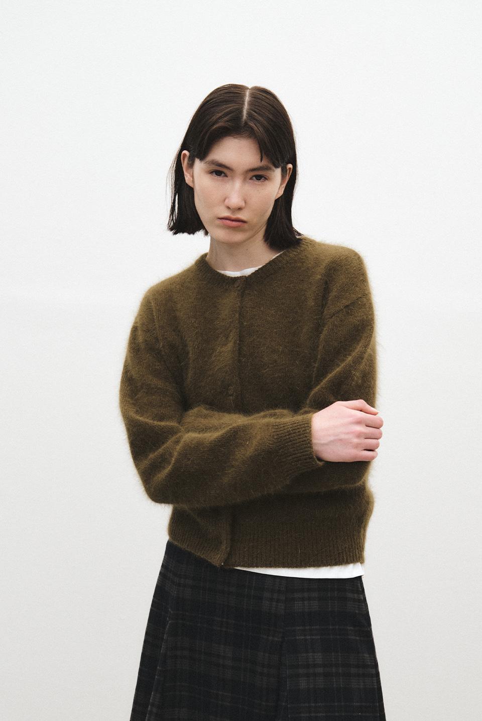 angora round cardigan - khaki