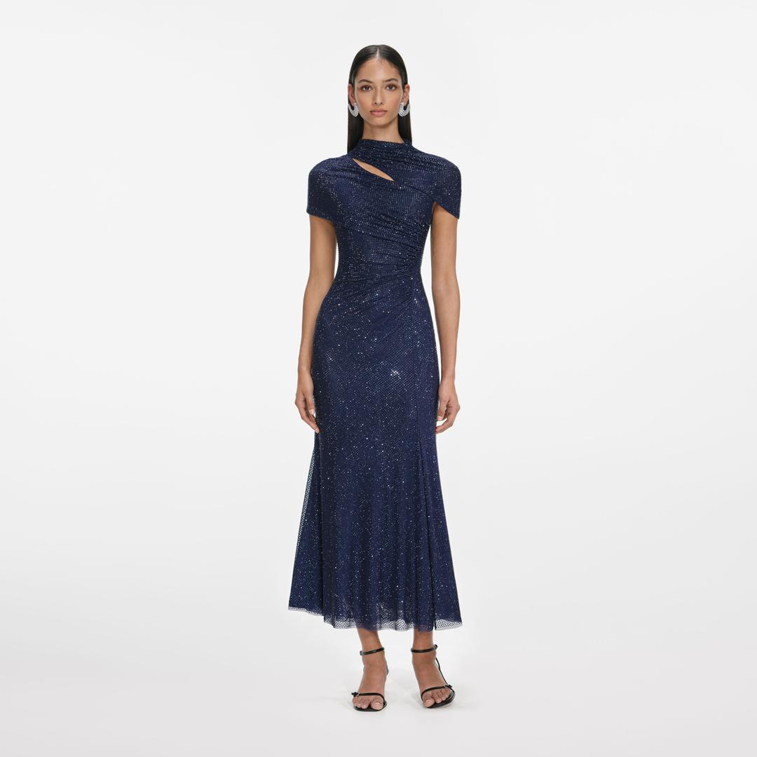 Navy Rhinestone Mesh Cut Out Midi Dress - UK 4