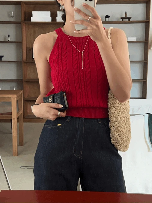 5컬러 지젤 딥컬러 꽈배기 홀터넥 탄탄한 나시 니트 탑