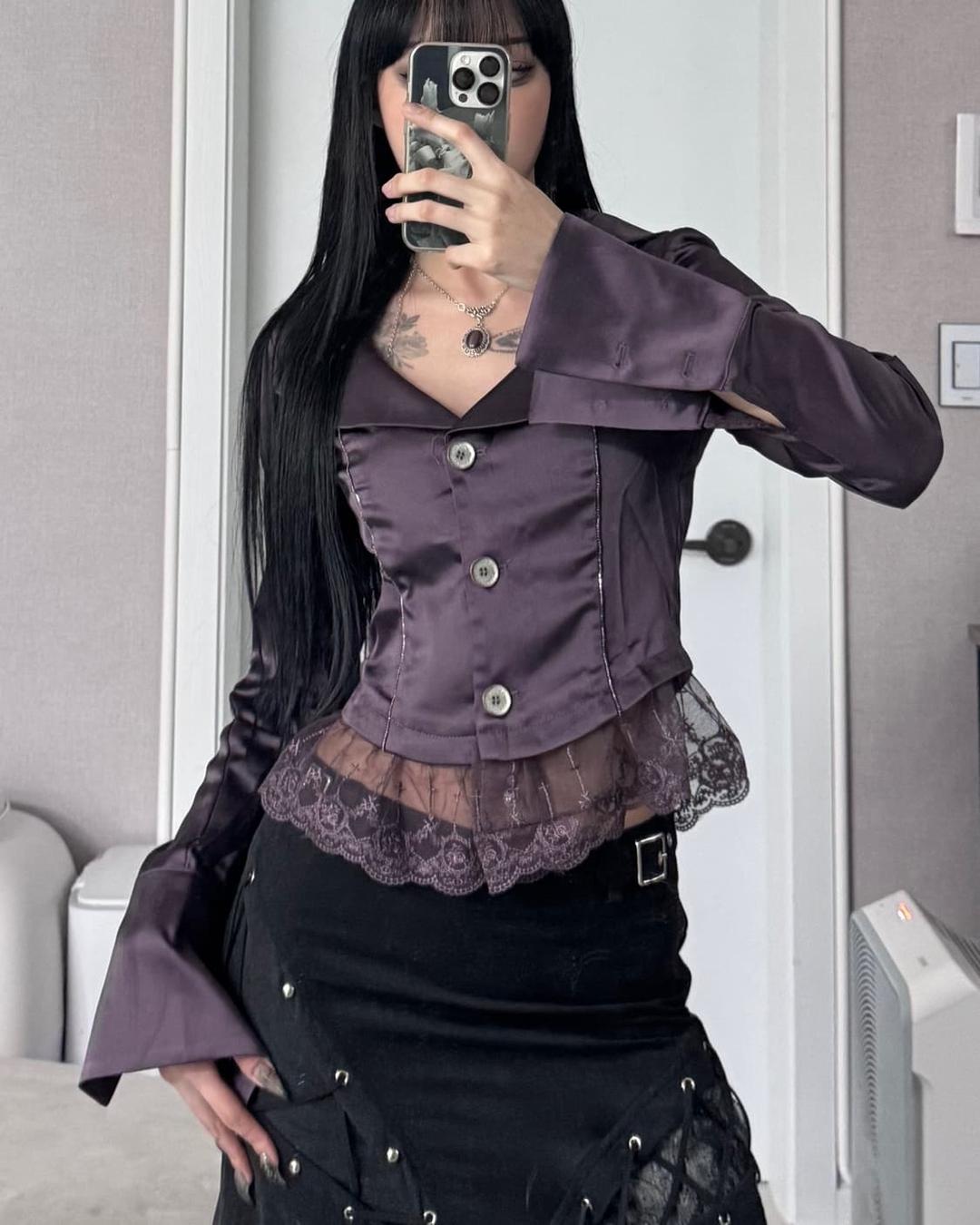 ༒ Lace-trimmed Satin Sparkly Blazer | 후루츠패밀리