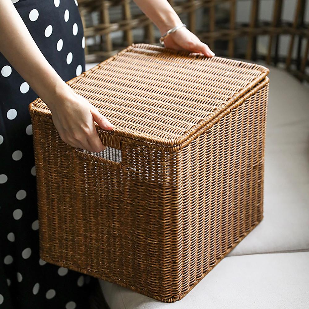 뚜껑 손잡이 라탄 바구니 팬트리 수건 보관함 대형 사각 플라스틱 수납 라틴 바구니