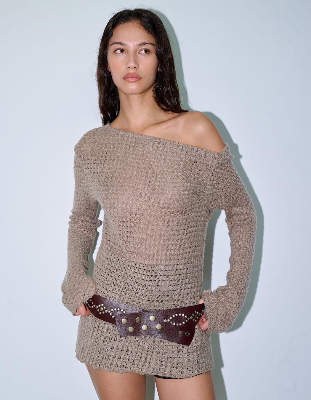 CROCHET KNITTED ONE-SHOULDER SWEATER, BEIGE