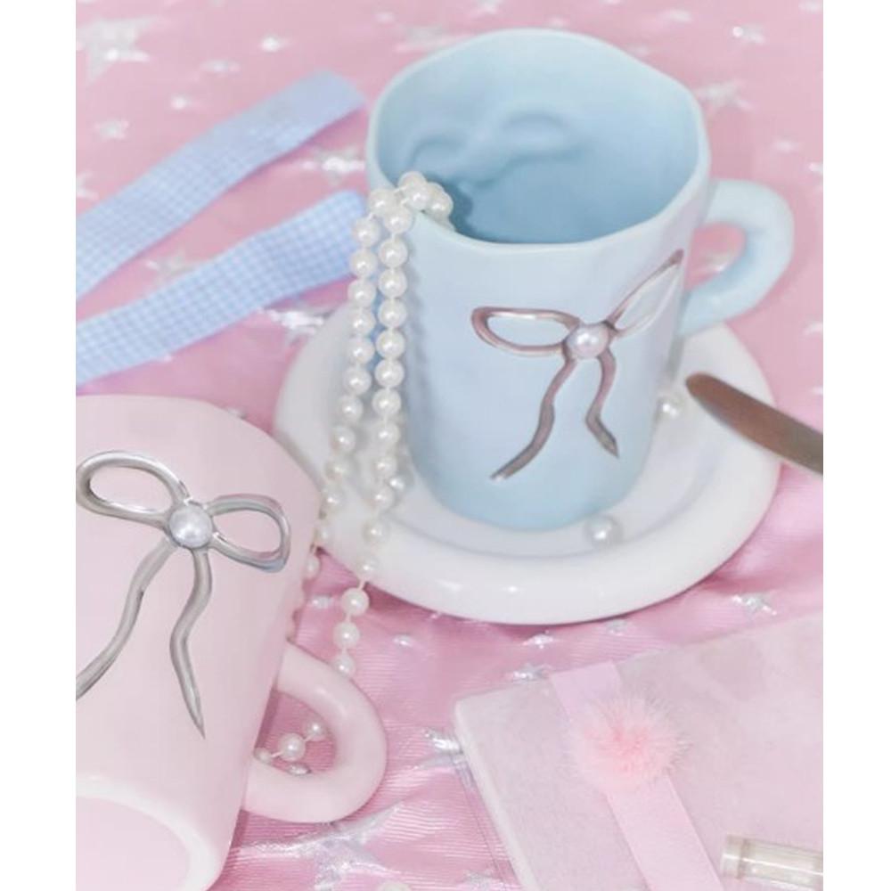 엘민트 Ribbon Mug 리본 진주 머그 컵 커피잔 선물 키치 홈카페 선물 3color