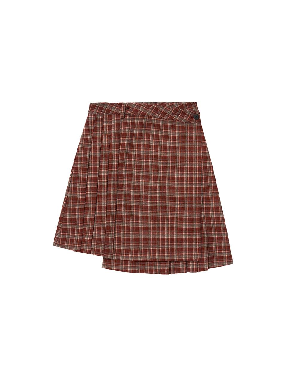 Layered Check Pleats Wrap Skirt, Red
