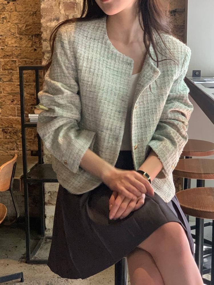 (전체당일 영상) 24ss 베르가못 스프링 트위드자켓 노카라 긴팔 세미크롭jk