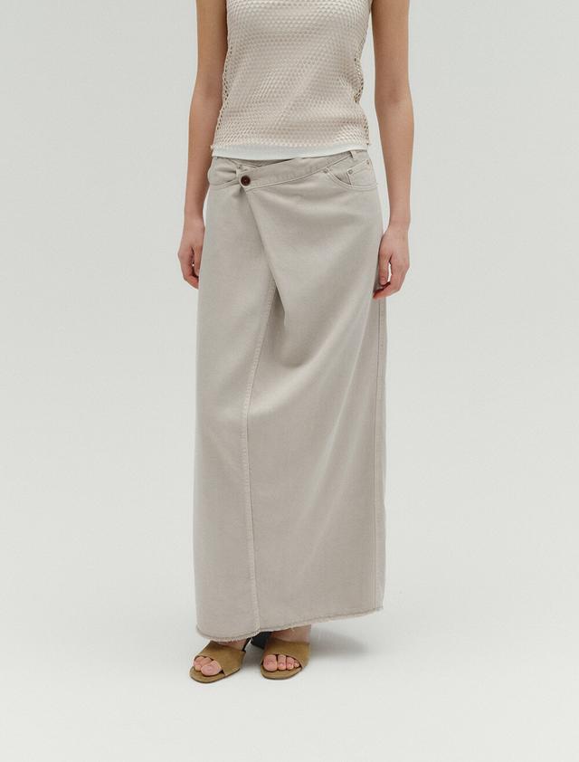 [5월19일 예약배송] OBLIQUE WRAP DENIM MAXI SKIRT [BEIGE]