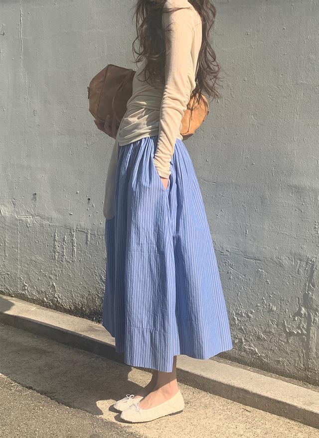 위드블룸 PREFRITT : Ocean linen stripe flare long skirt
