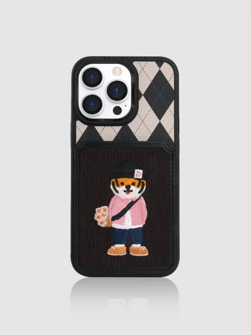 아이폰14/프로/플러스/프로맥스 코듀로이 자수 카드 포켓 파티 케이스-블랙/호군