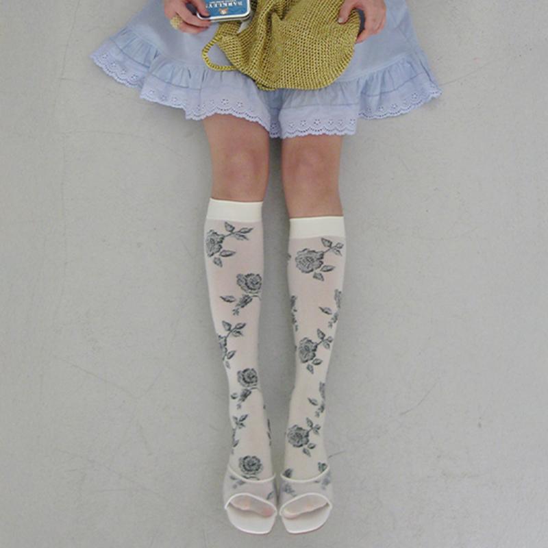 프롬비기닝 로즈 패턴 니삭스 (2color) (니삭스 양말 스타킹 레그웨어 데일리룩 하객룩 원피스 스커트 가디건 레이어드)