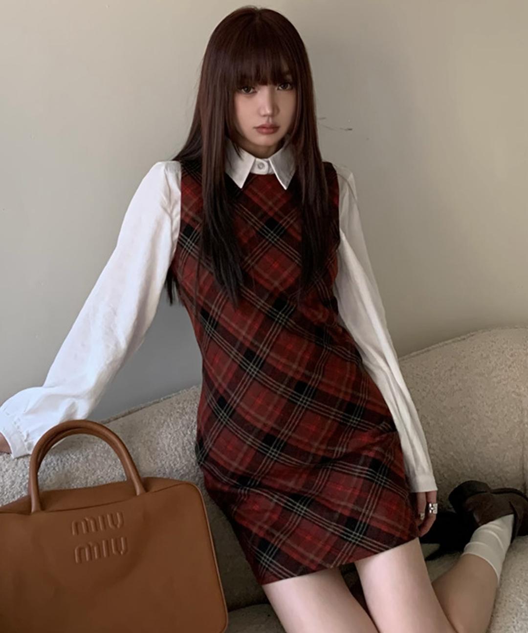 *겨울신상* [설레는 크리스마스🎄] 레드 체크 플레어 서스펜더 뷔스티에 미니 원피스 연말룩 교복 하이틴룩 Z-SSC 3124