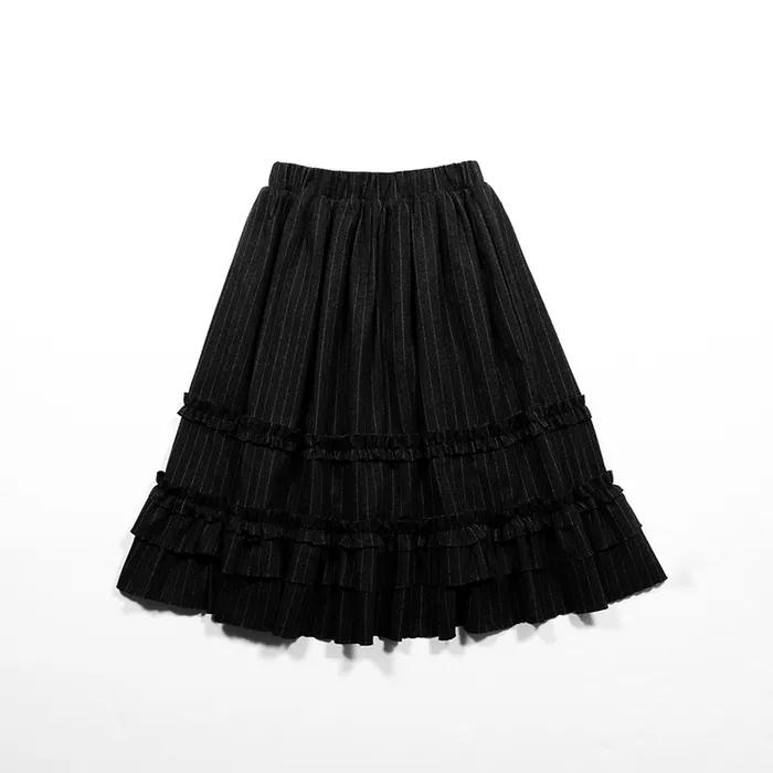 WOOL FRILL MIDI STRIPE SKIRT - BLACK
