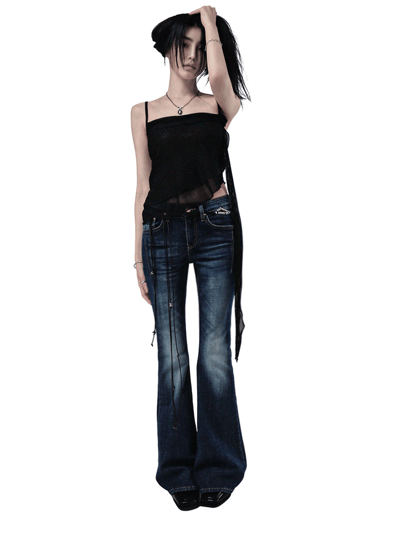 CUT LOW SLIT DARK DENIM BOOTCUT DENIM PANTS 컷 로우 절개 진청 부츠컷 데님팬츠