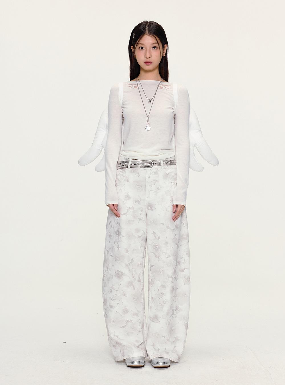 White Floral Print Knot-Waist Wide Pants