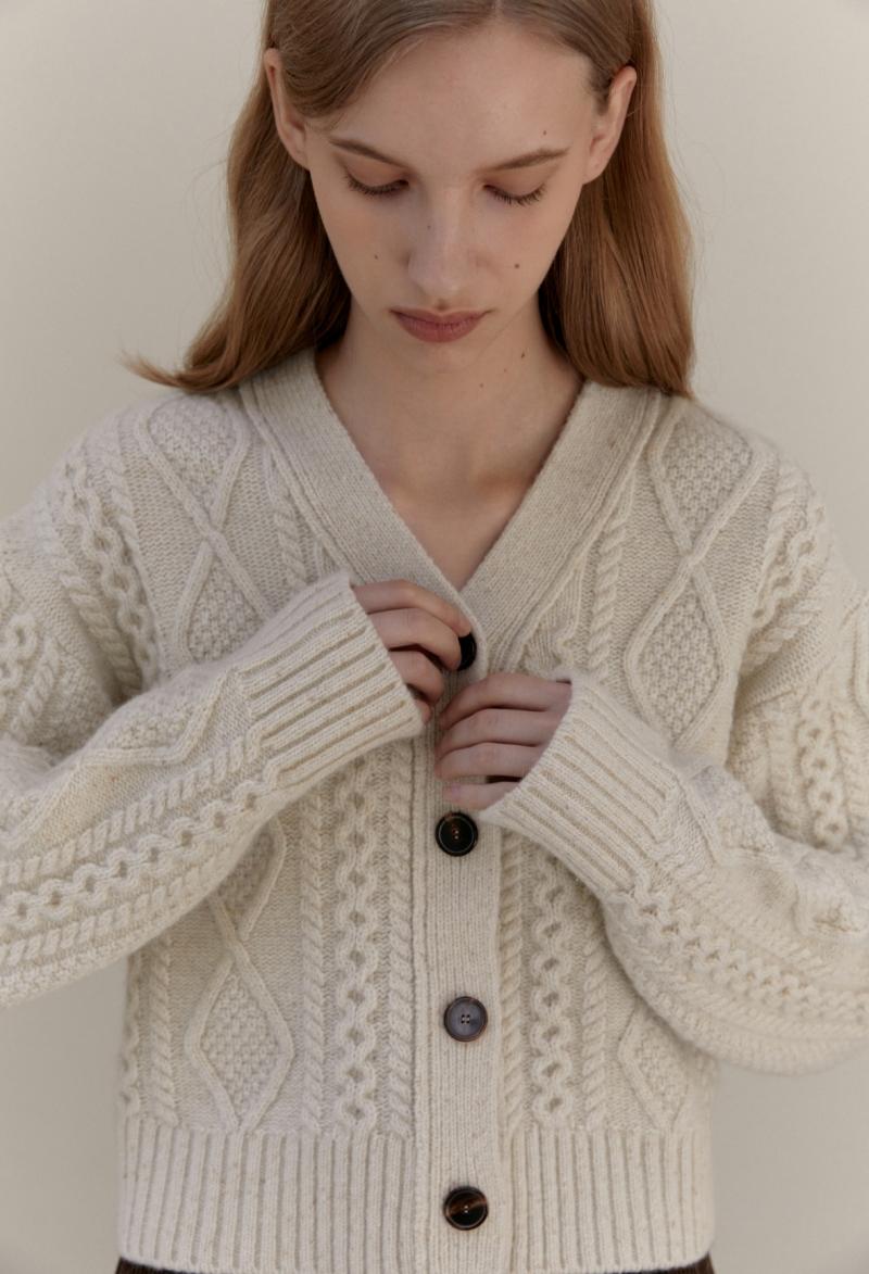 CABLE WOOL KNIT CARDIGAN CREAM OATMEAL