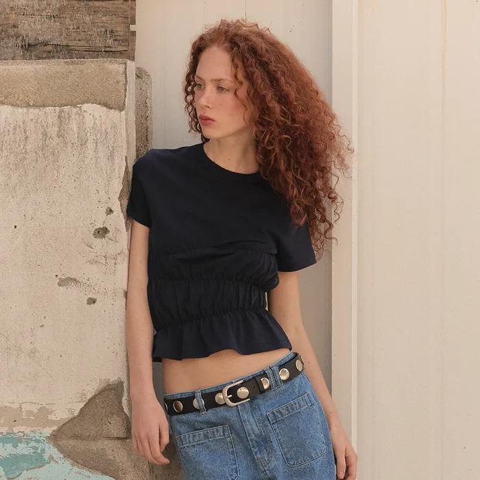 [6TH RESTOCK] WAVE SHIRRING HALF TEE - NAVY