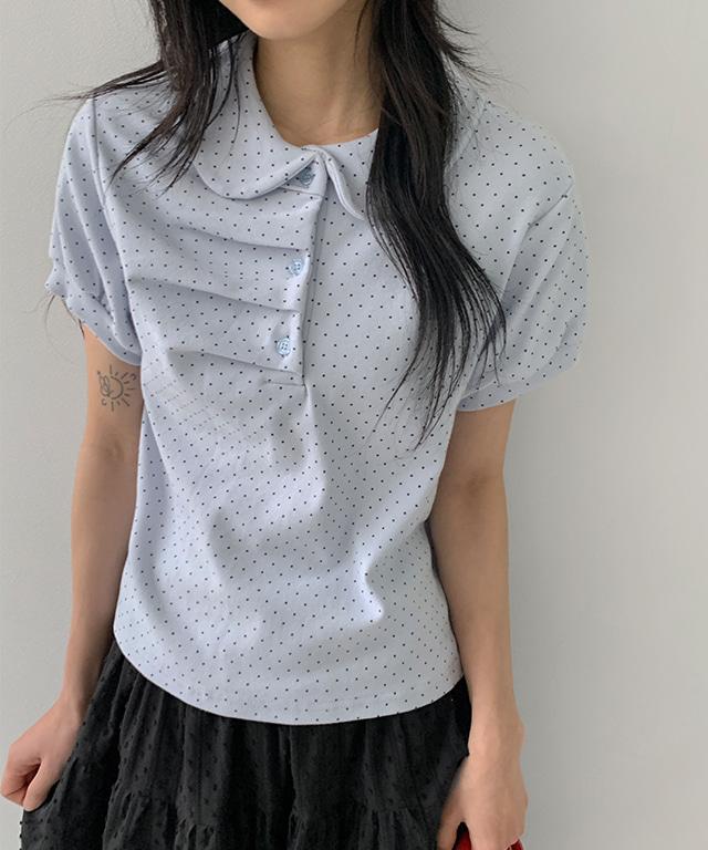 데일리쥬 [무료배송] 마로니 도트 셔링 카라 반팔 티셔츠