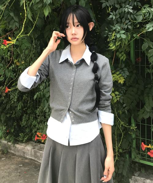 싱글 스냅 크롭 가디건 멜란지