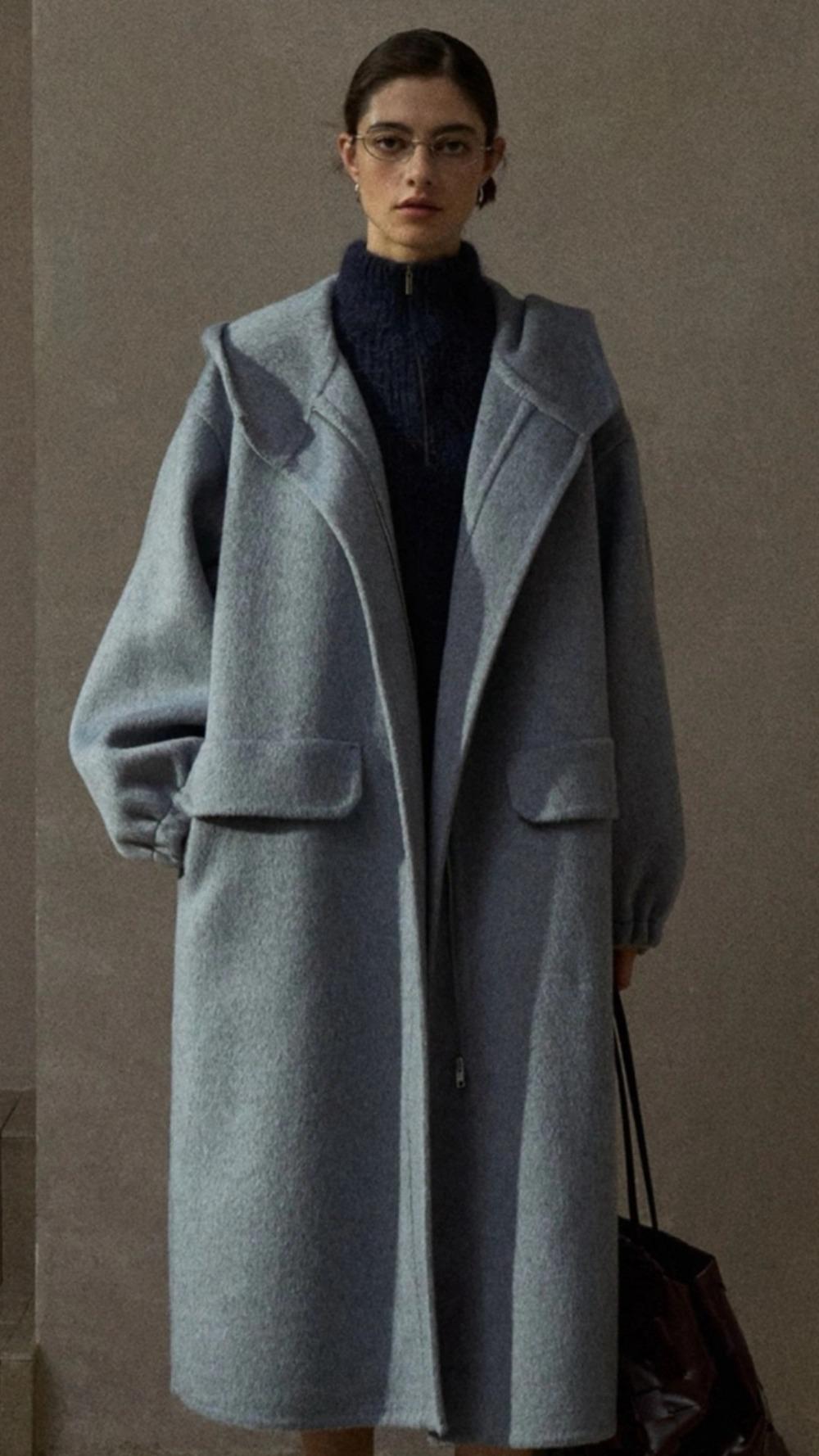 울 롱 후드 핸드메이드 코트